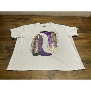 Queen of Sparkles Womens Medium Purple Sequin Cowboy Boot Fringe Western Tee